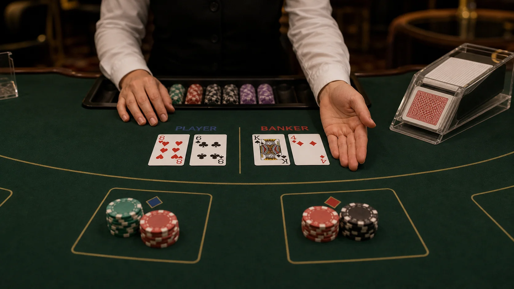 Mesa de baccarat com cartas, fichas e shoe para apostas Player e Banker